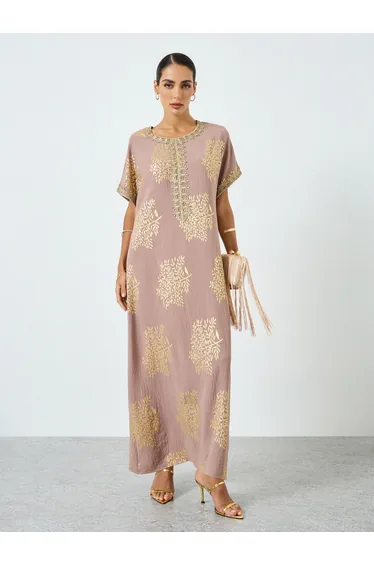 Women Tree Printed Golden Trim Patch Jalabiya