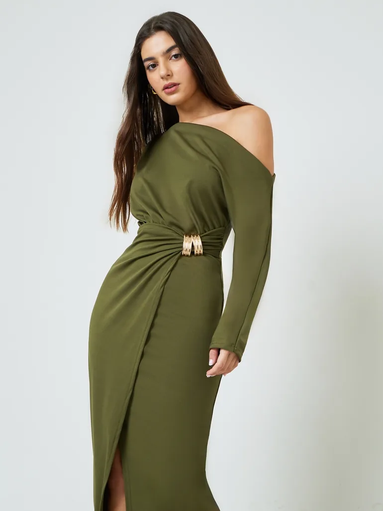 Green One Shoulder Wrap Front Midi Dress - 1