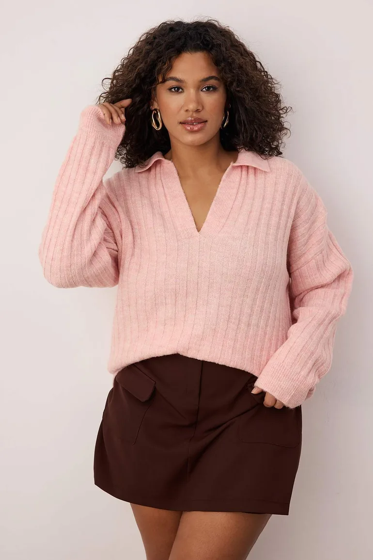 Pink ribbed polo neck knitwear sweater - 1