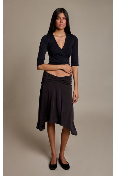 Black Peachskin Jersey Gathered Midi Skirt