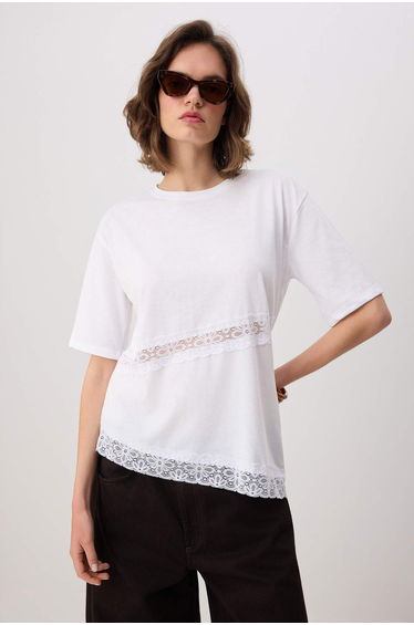 Ecru Cotton Lace Detailed Relaxed Short Sleeve Knitted T-Shirt product thumbnail 2