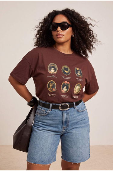 Brown Printed Oversize/Wide Fit Tok 100% Cotton Knitted Plus Size T-Shirt product thumbnail 3