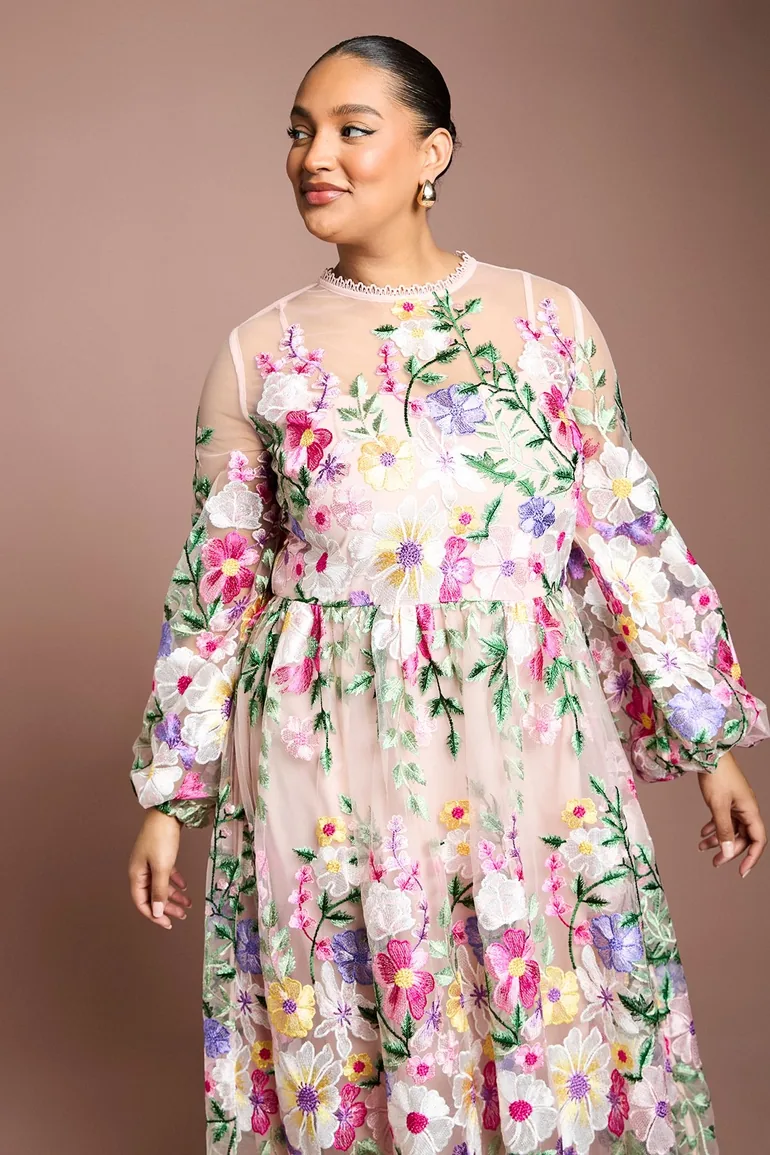 Plus Muse Long Sleeve Embroidered Maxi Dress - 1