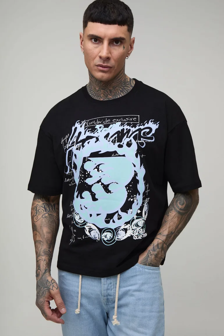 Tall Oversized Boxy Heavyweight Homme Graphic T-Shirt - black