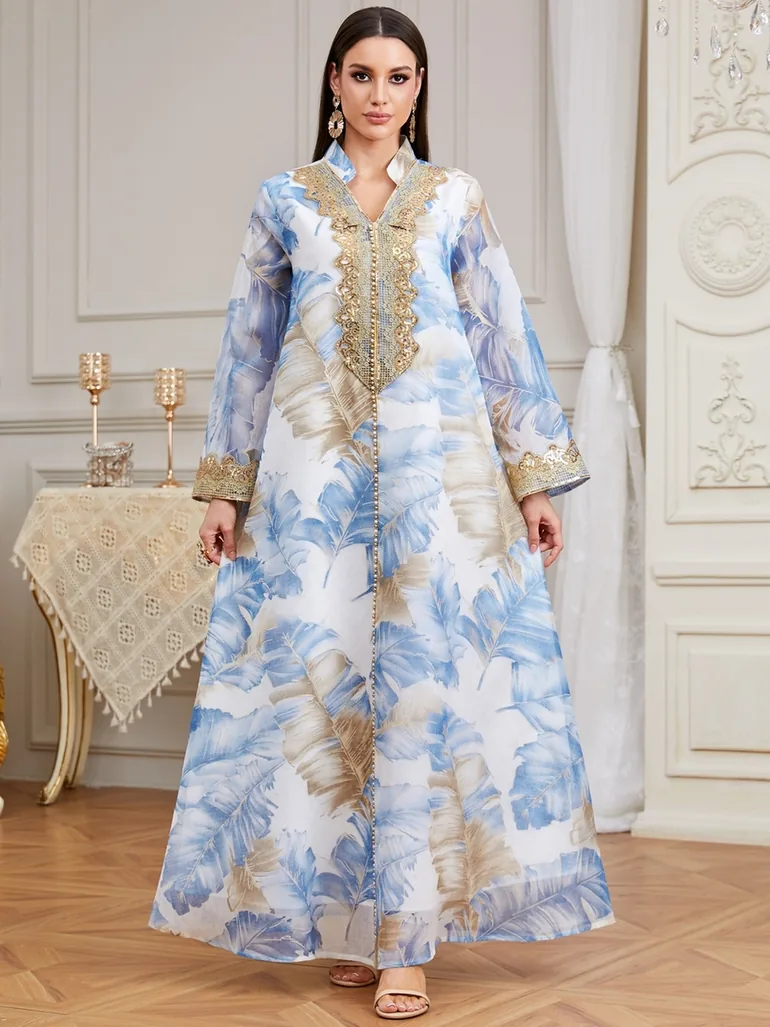 Women Floral Printed Sequin Patch Detail Jalabiya