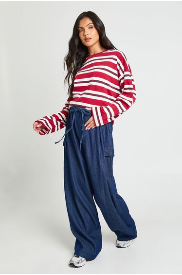 Maternity Chambray Drawstring Pocket Wide Leg Trouser - indigo product thumbnail 4