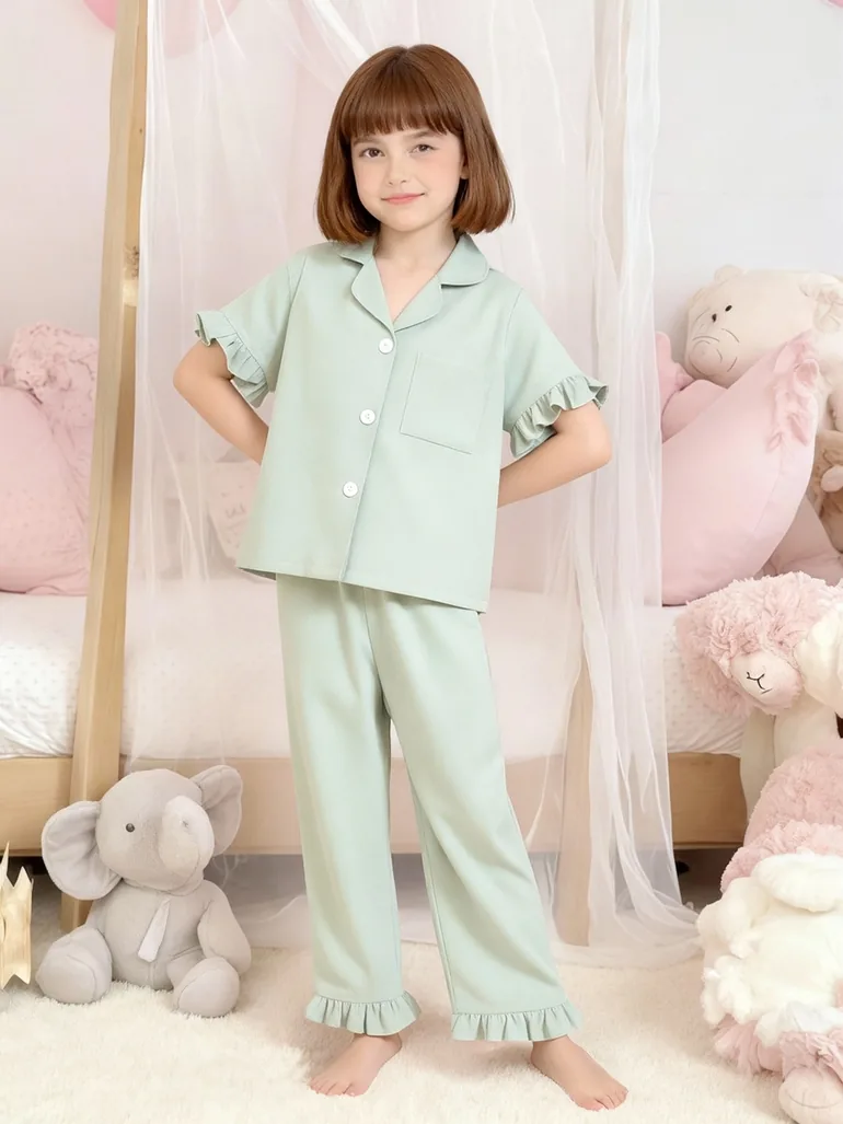 Girls Green Ruffle Hem Short Sleeve Shirt and Pyjama Set