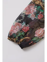 Peony Printed Ruffle Lantern Sleeve Dress in Black - 10