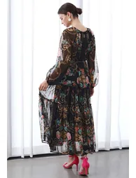 Peony Printed Ruffle Lantern Sleeve Dress in Black - 4