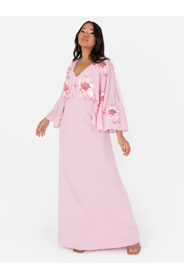 Maya Pink Floral Embellished Long Sleeve Maxi Dress