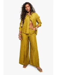 Woven Crinkle Wide Leg Trousers - olive - 2