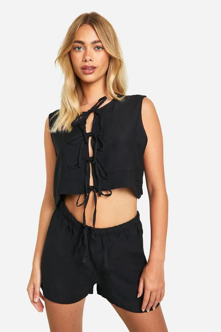 Linen Look Tie Front Sleeveless Blouse & Flippy Shorts - 1