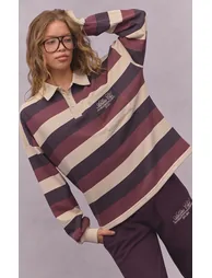 Plum and Cream Athletics Club Stripe Polo Tshirt - 1