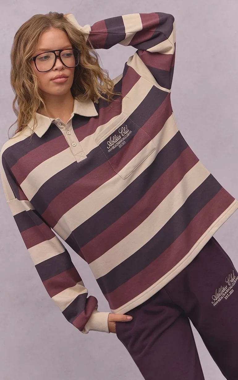 Plum and Cream Athletics Club Stripe Polo Tshirt - 5