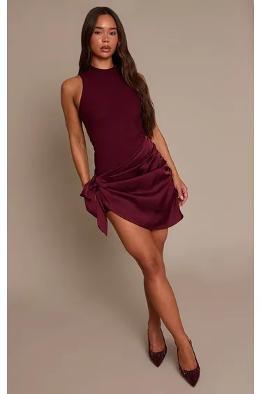 Plum Woven High Neck Satin Drape Mini Dress