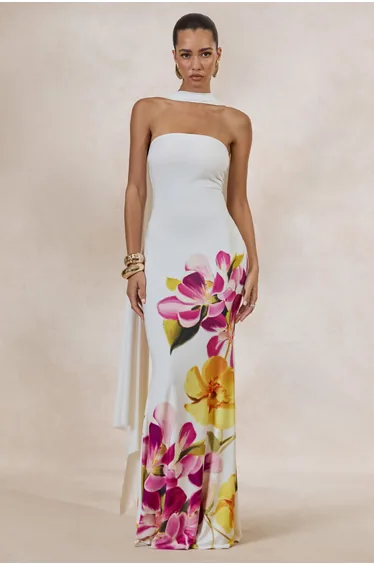 Brooke | Hot Pink And Lemon Floral Print Bandeau Neck Maxi Dress With Scarf
