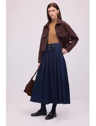 Pleated Denim Skirt with Double-Belt Detail - 1
