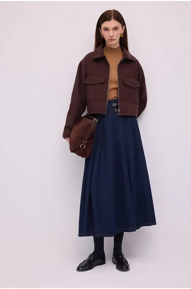 Pleated Denim Skirt with Double-Belt Detail