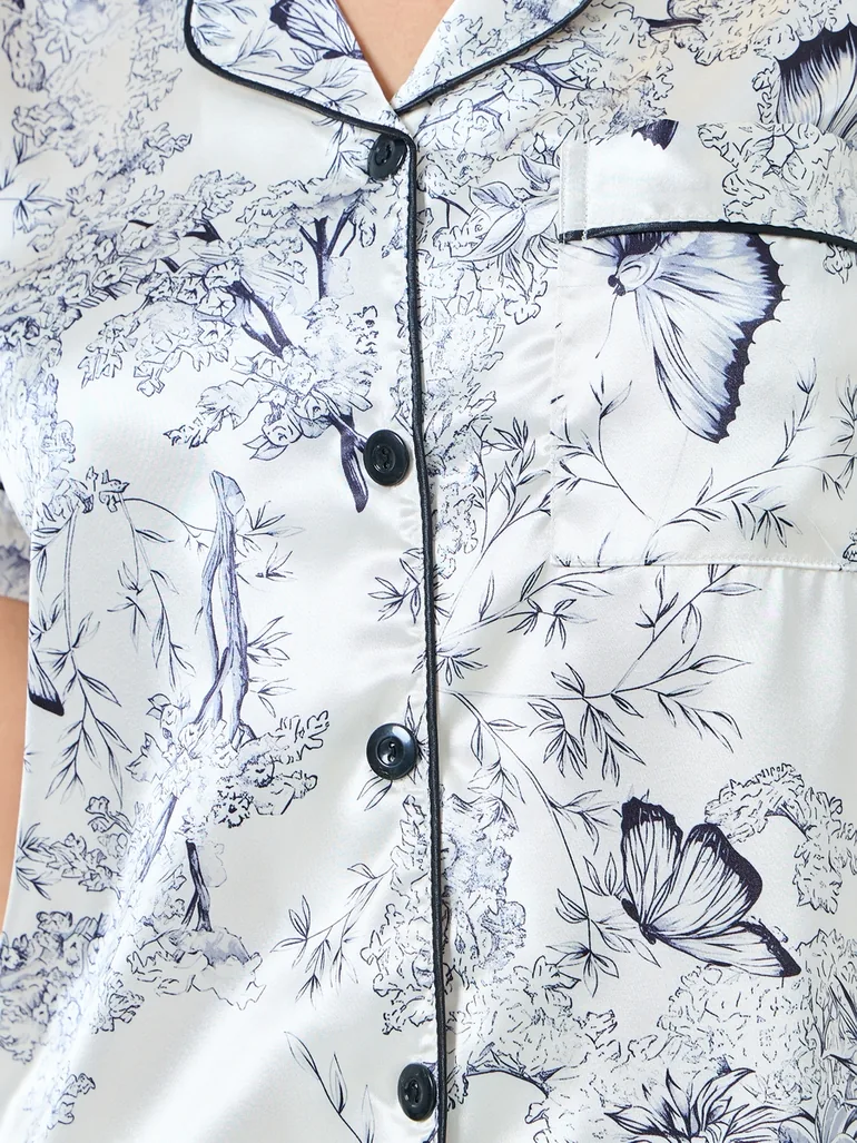 Butterfly Floral Print Satin Shirt and Shorts Set - 3