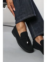 Charming Slip On Suede Loafers Metal Trim Tassel in Black - 2