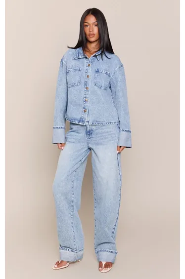 Tall Washed Mid Blue Turn Back Hem Barrel Jean