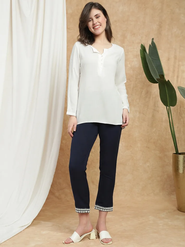 Women Navy Blue Embroidered Hem Pants