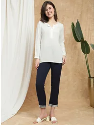 Women Navy Blue Embroidered Hem Pants