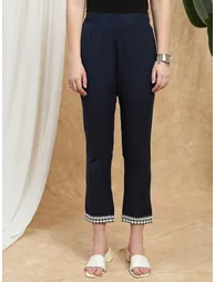Women Navy Blue Embroidered Hem Pants - 1