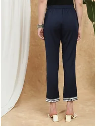 Women Navy Blue Embroidered Hem Pants - 3