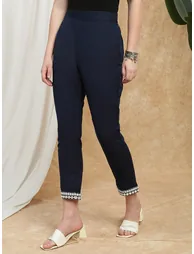 Women Navy Blue Embroidered Hem Pants - 2