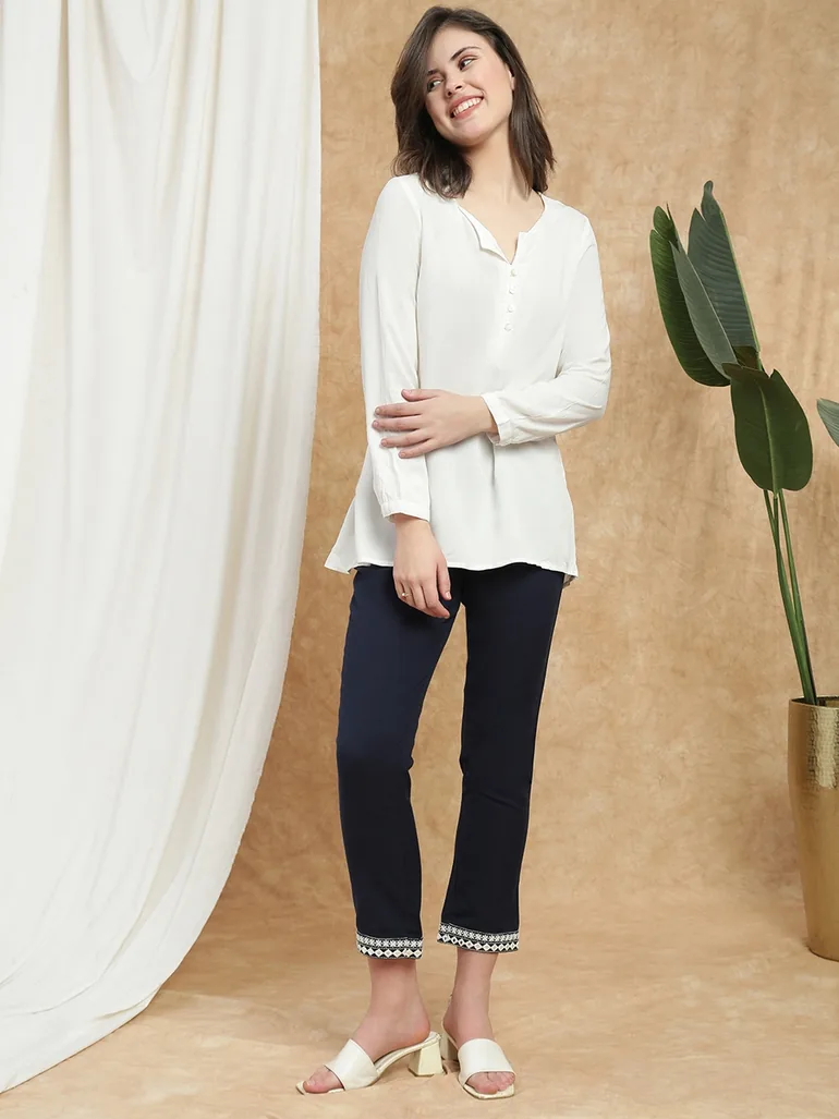 Women Navy Blue Embroidered Hem Pants - 5