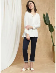 Women Navy Blue Embroidered Hem Pants - 5