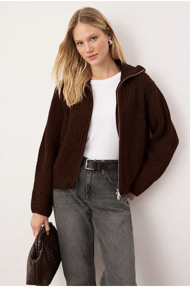 Wardrobe Essentials Dark Brown Zippered Soft Textured Wide Fit Knitwear Cardigan