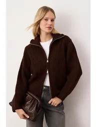 Wardrobe Essentials Dark Brown Zippered Soft Textured Wide Fit Knitwear Cardigan - 1