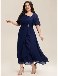 ever LILOU| Pleated Chiffon Ruffle Sleeve Wedding Guest Dress - 4