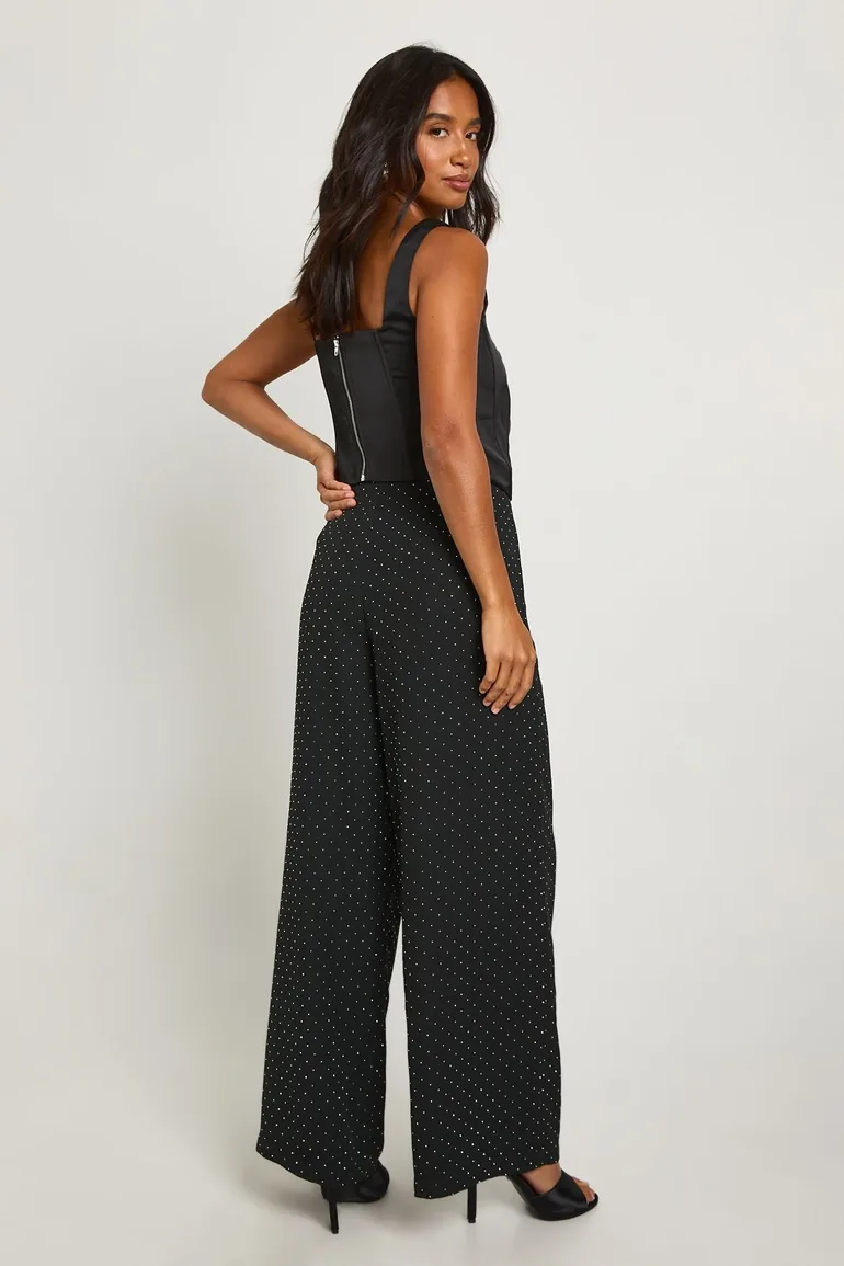 Petite Hotfix Diamante Chiffon Wide Leg Trousers - 1