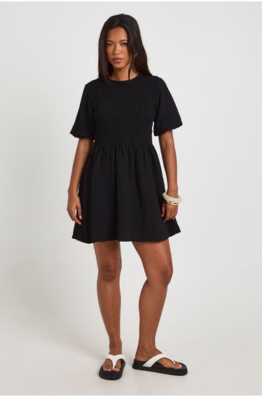 Textured Volume Sleeve Mini Dress - black