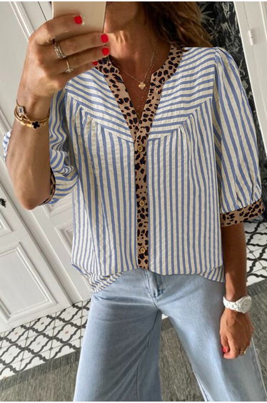 Lvness Sky Blue Stripe Leopard Trim V Neck Button Down Half Sleeve Shirt product thumbnail 4