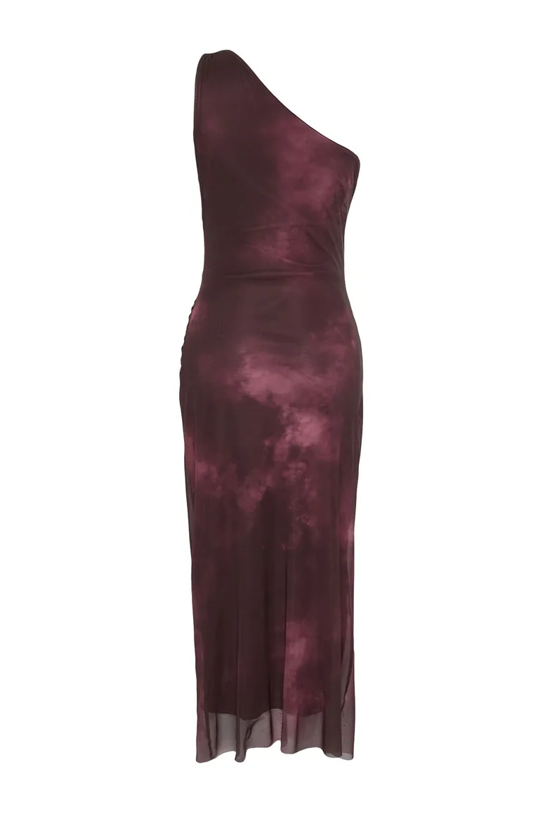 Claret Red One Sleeve Fitted Accessory Detailed Tulle Stretchy Knitted Midi Dress - 7