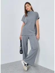 Grey Textured High Neck Top with Side Slit - 1