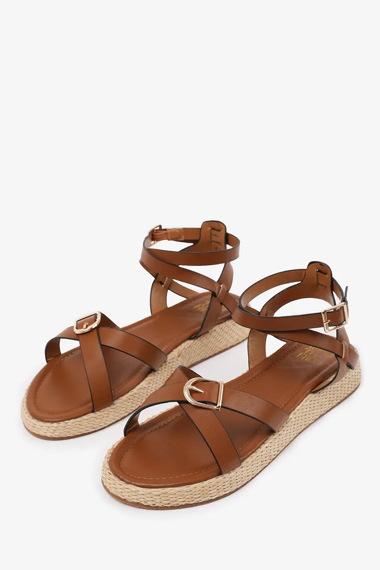 ALORA WIDE FIT CROSS OVER BUCKLE STRAP SANDALS IN TAN FAUX LEATHER - 3