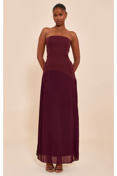 Plum Woven Bandeau Pleated Hem Detail Maxi Dress