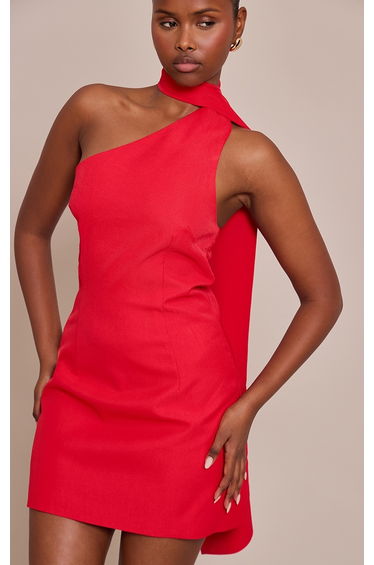 Red Woven Asymmetric Scarf Detail Mini Dress product thumbnail 4