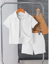 Boys White Textured Shirt and Shorts Set
