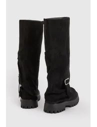 Fold Over Buckle Detail Knee High Biker Boots - black - 3