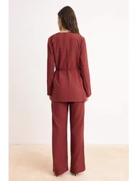 Burgundy Regular Modal Fabric Plain Weave Tie Detail Hijab Bottom - Top Set - 3