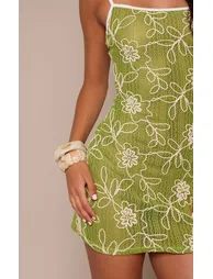 Olive Floral Textured Straight Neck Strappy Mini Dress - 3