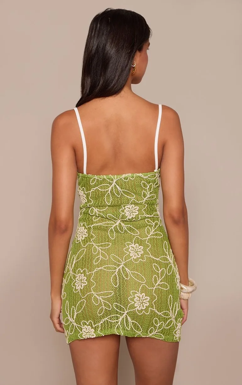 Olive Floral Textured Straight Neck Strappy Mini Dress - 1