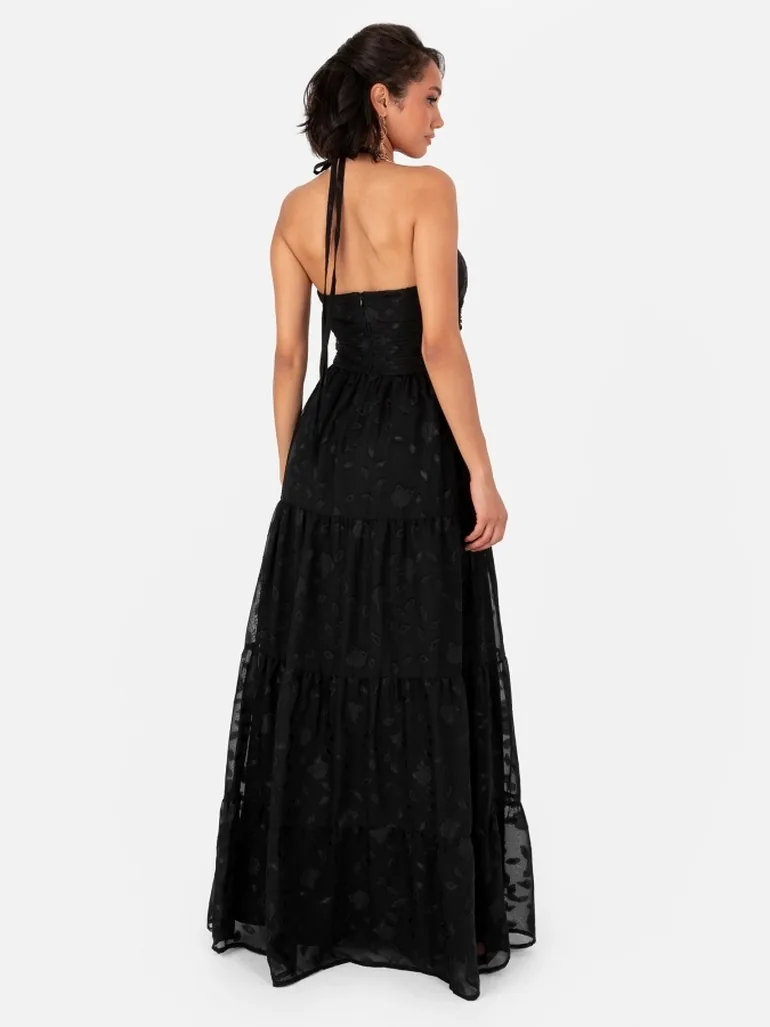 Maya Black Corsage Halter Floral Floor Length Dress - 1