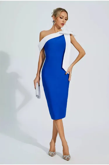 Braelyn Blue Bow One Shoulder Bandage Dress